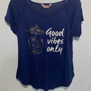 SJS Women's Navy Blue Good Vibes Only Short Sleeve T-Shirt Petite Small NWT